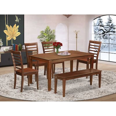 HomeStock 6-Piece Rectangle Mahogany Finish Solid Wood Top Dining Table with 1 Bench, 4 Chairs