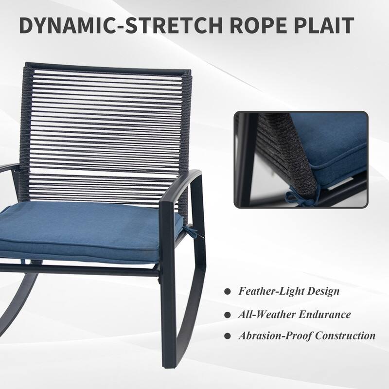 Domi Outdoor 3-Piece Wicker Rocking Chair Set, Patio Conversation Set with Removable Textilene Cushions & Metal Coffee Table