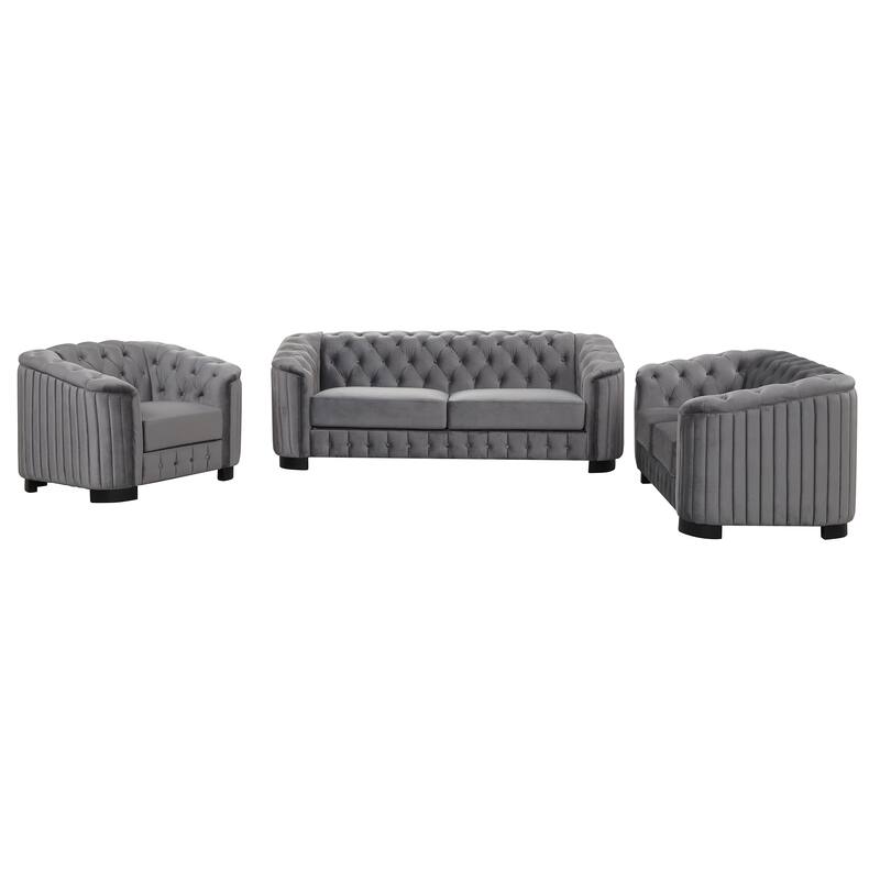 3-Piece 6-Seat Velvet Sofa Set (3+2+1) with Tufted Back & Rubber Wood Legs