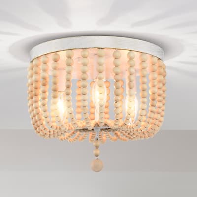 Boho Wood Beaded Flush Mount Chandelier 3-Light Farmhouse Chandelier