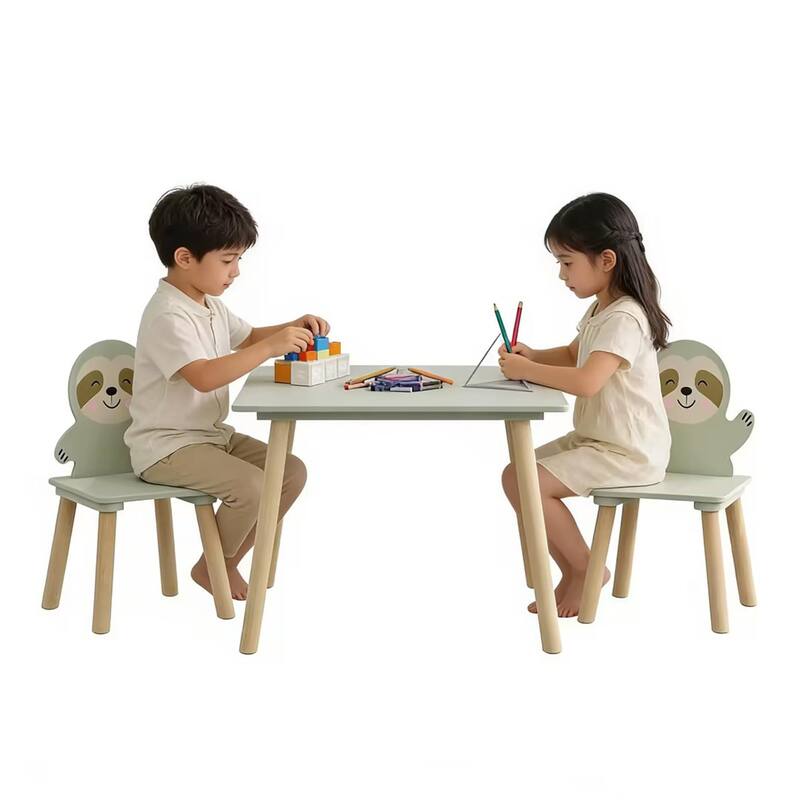 Kids Table and Chair Set with 2 Cute Sloth Chairs, Wooden Toddler Activity Table, Cute Animal Design Play & Study Set
