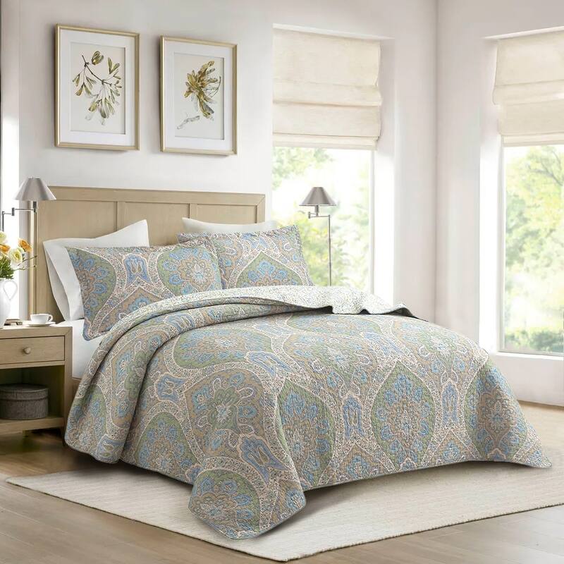 Cozy Line Tweedia Blue Green Floral Paisley Damask 3 Piece Cotton Quilt Bedding Set