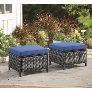 Outdoor Rattan Ottomans Wicker Ottomans with Blue Cushion (Set of 2)