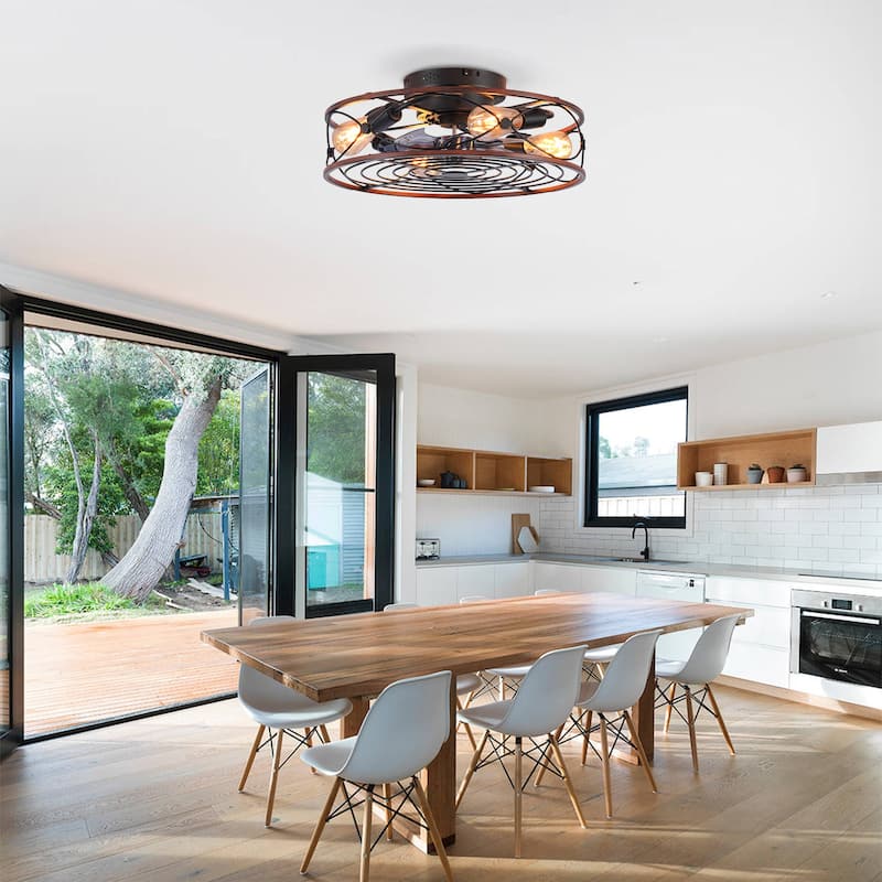 20'' Farmhouse Caged Ceiling Fan with Lights and Remote Control , Black Bladeless Reversible DC Motor Ceiling Fan