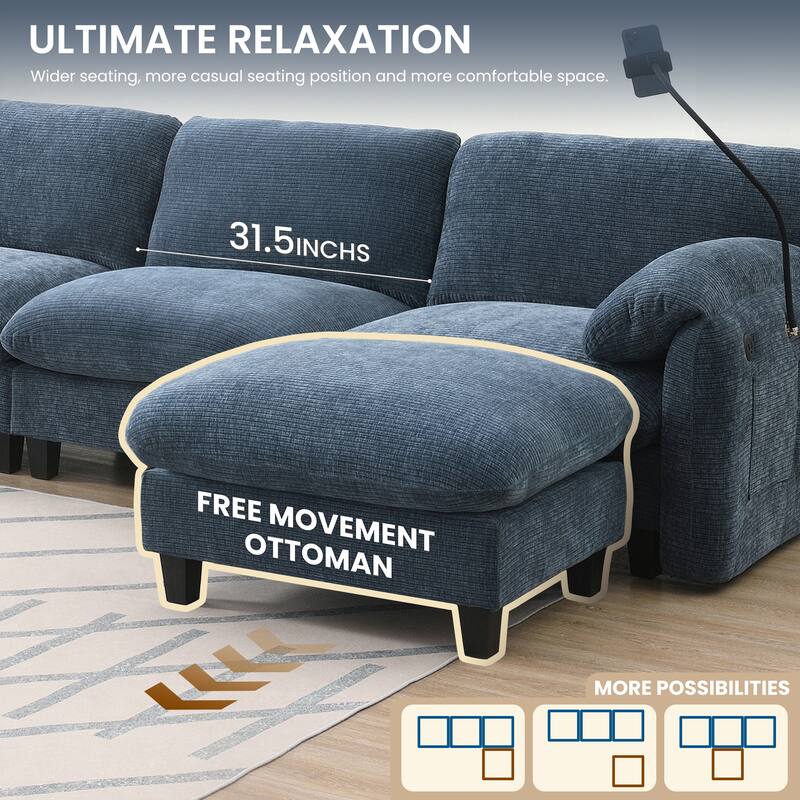 Striped Chenille Modular Sectional Sofa Set with Movable Ottoman, Phone Holder, Dual-Port Charging, 2 Side Storage Pockets