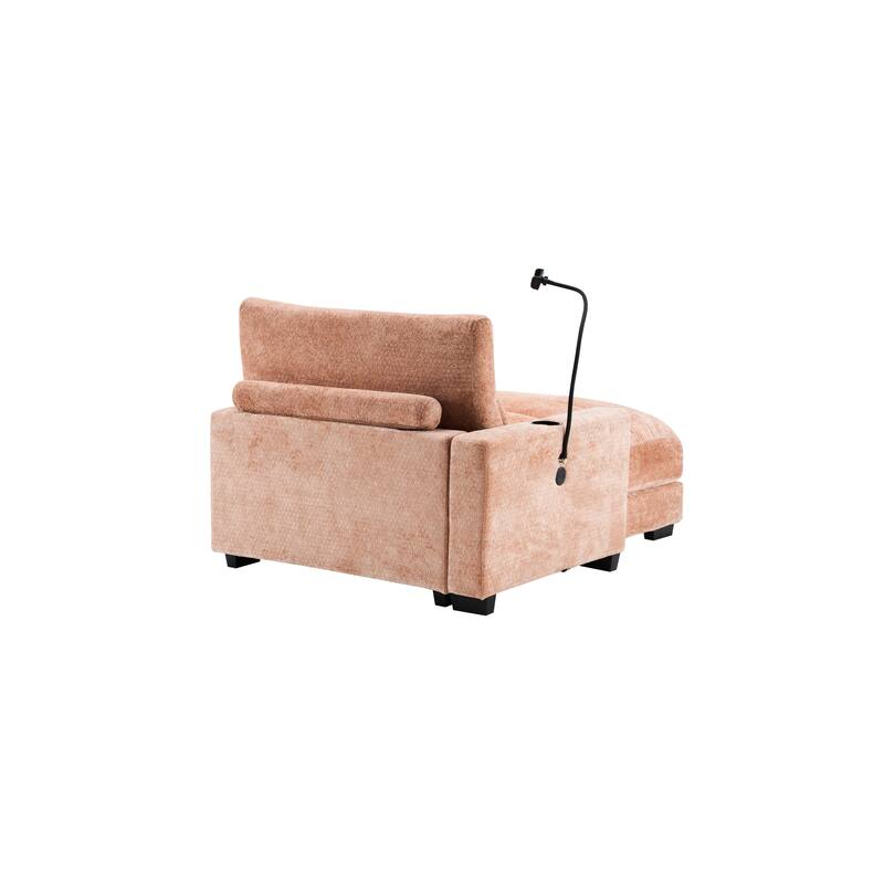 Chenille Single Sofa Chair Chaise Lounge with Phone Holder, Upholstered Recliner Sleeper Sofa Bed for Living Room