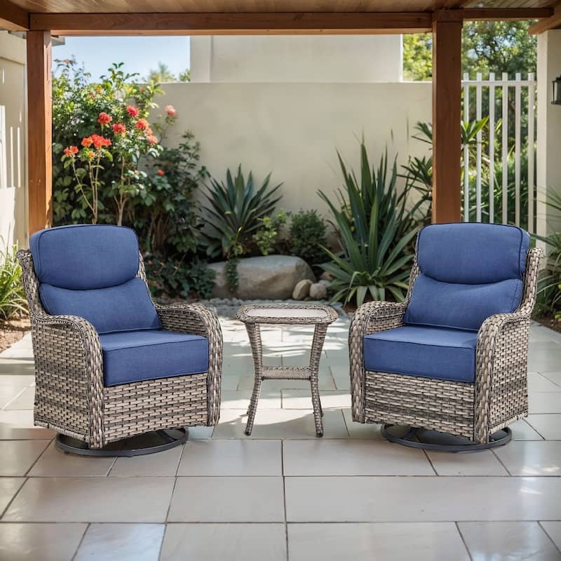 Arcadia 3-Piece Wicker Patio Swivel Glider Chairs with 6-Inch Thick Cushions and Side Table