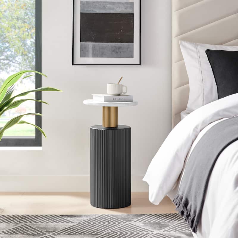 Danya B. Fritz Midcentury Modern Side Accent Table with Black Base Gold Metal Column Accents and Faux Marble Laminate Tabletop