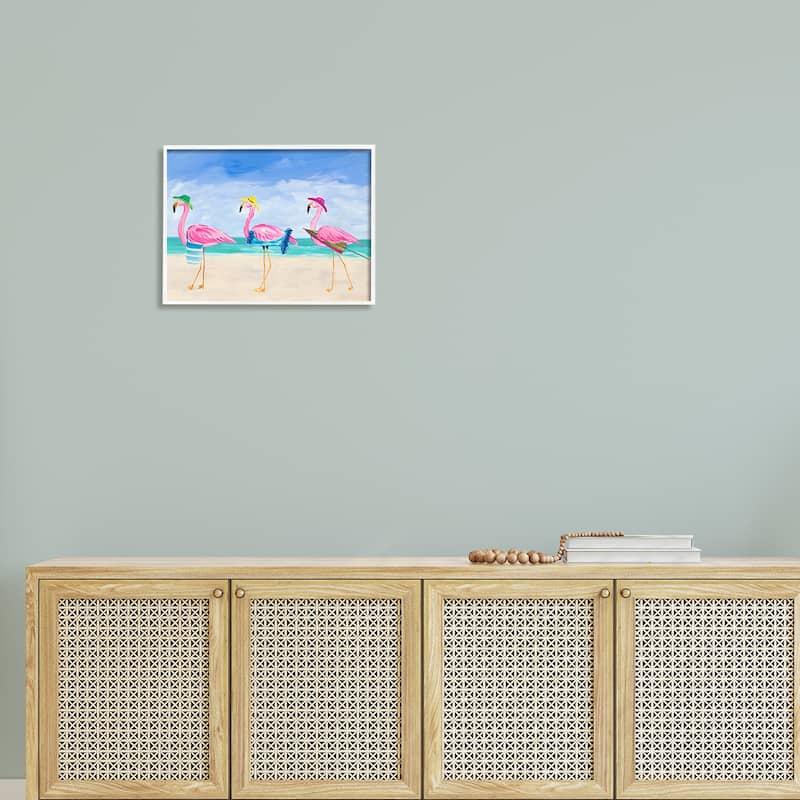 Stupell Cute Pink Flamingos Beach Attire Strolling Coast Illustration Framed Wall Art