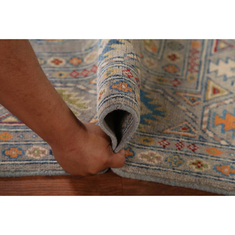 Traditional Kazak Area Rug Hand-Knotted Grey Wool Carpet - 4'0" x 5'11"