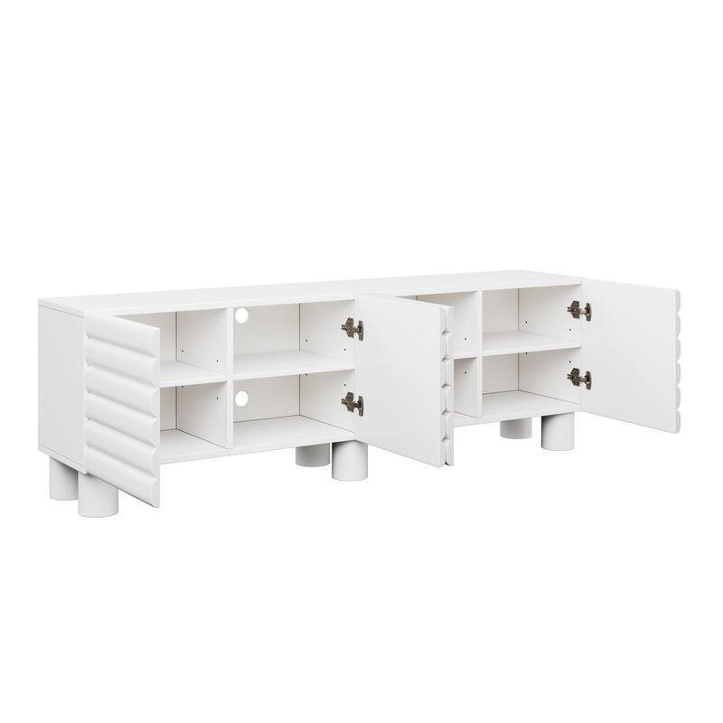 Modern TV Stand for TVs up to 75 Inches with 4 Cabinets, Adjustable Shelves and Cable Holes, for Living Room, White