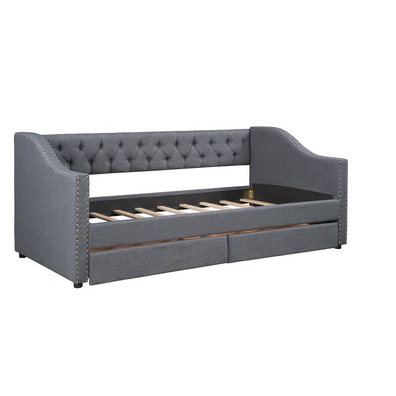 Elegant Upholstered Twin Daybed with Two Storage Drawers for Bedroom, Guest Rooms, Linen Fabric