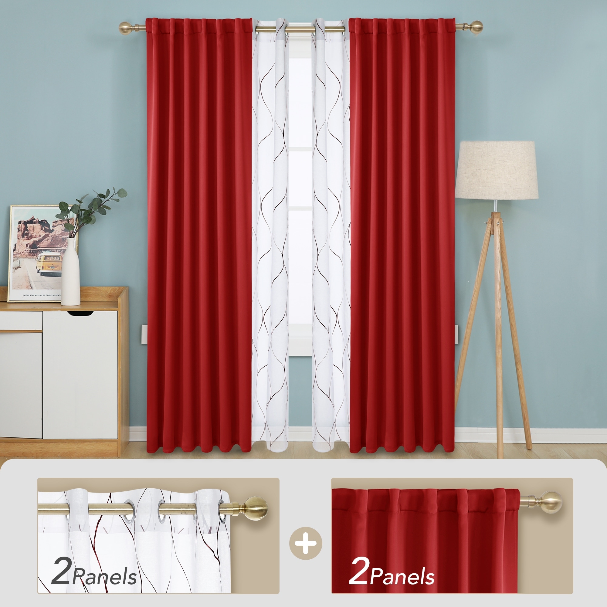 Deconovo Mix & Match Blackout and Bronze Print White Sheer 4 Piece Curtain Panel Set