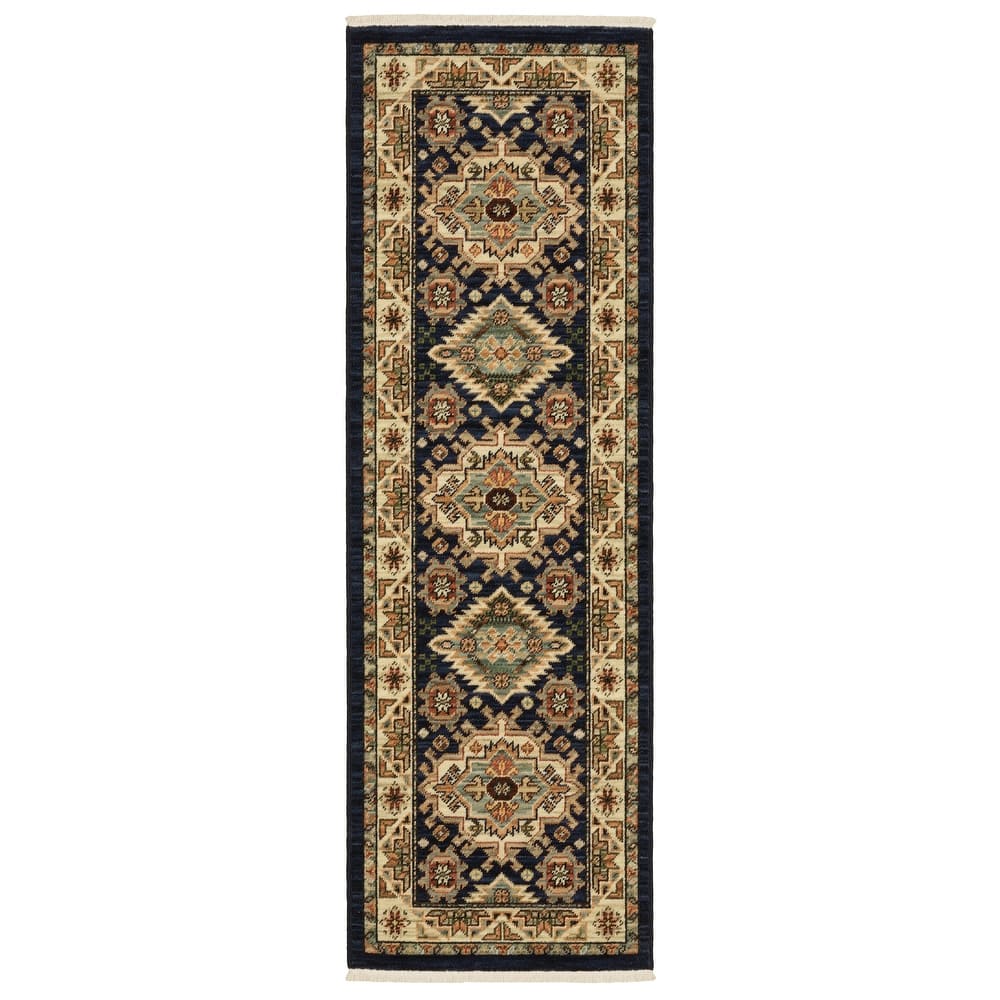 Style Haven Leander Tribal Medallion Navy/ Multi Fringed Wool Blend Area Rug.