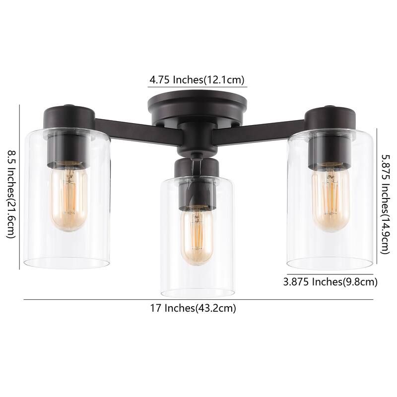 Orville 17" 3-Light Farmhouse Industrial Iron Cylinder LED Semi Flush Mount, Oil Rubbed Bronze/Clear by JONATHAN Y