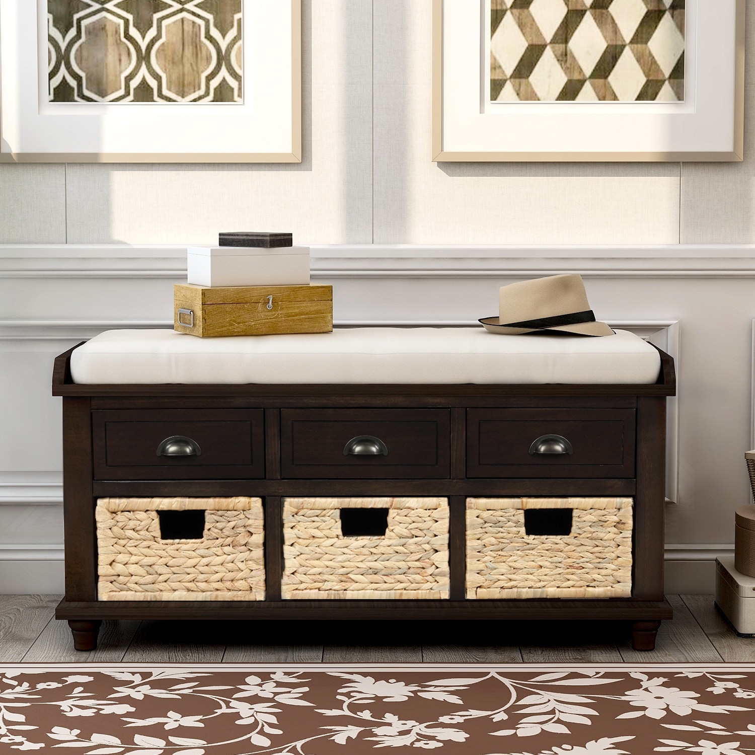 Storage Bench with Drawers and Rattan Baskets Entryway Shoe Bench