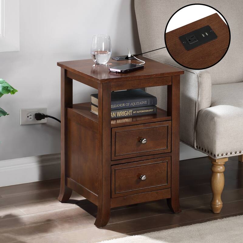 Melbourne End Table with Two Drawers, Shelf and Built-In Charging Station, Stylish Accent Side Table with USB Ports and Plug