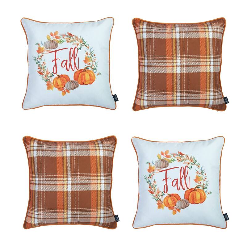 Fall Thanksgiving Decorative Throw Pillow Plaid & Pumpkins Set of 4