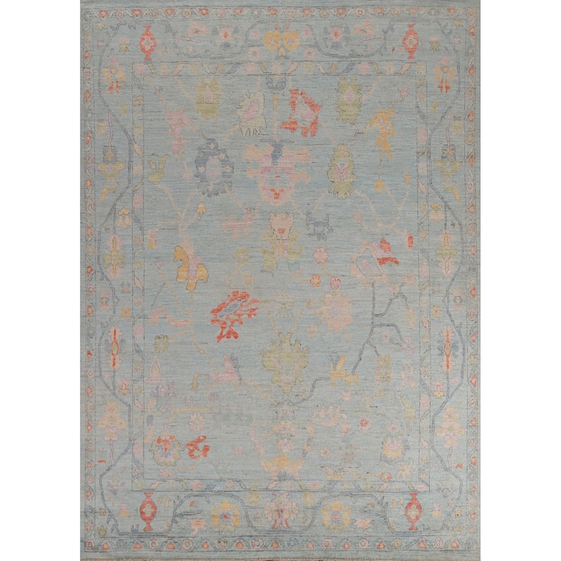 Hand Knotted Oriental 100% Wool Carpet Transitional All-Over Navy Blue & Blues Oushak Area Rug - 9' 11'' X 7' 10''