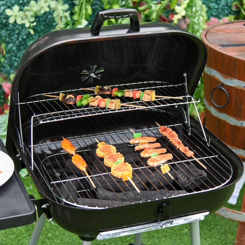 21" Portable Charcoal Grill with Wheels and Bottom Shelf, BBQ Smoker with Adjustable Vents on Lid