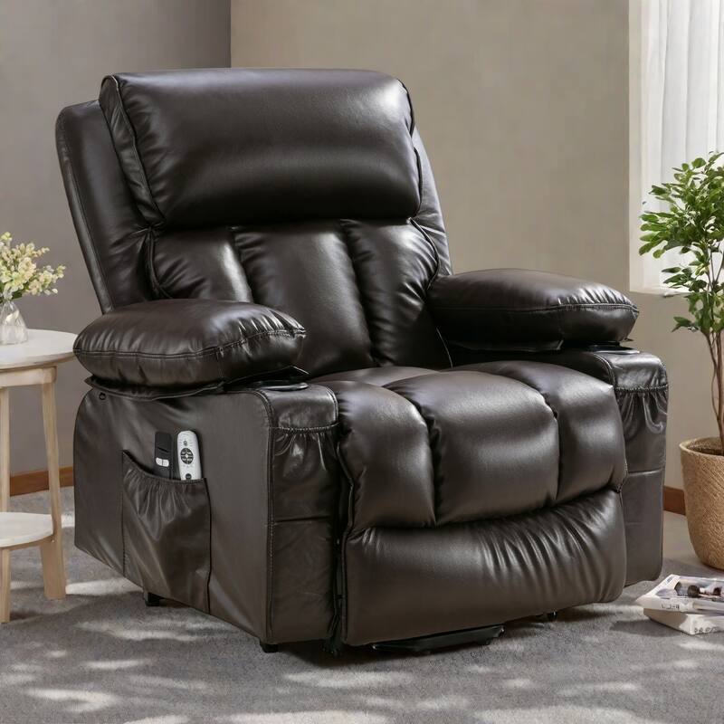 Large Power Lift Recliner Chair with Heat and 8-Point Massage - Remote Control, USB Port - Brown