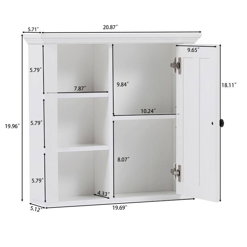 White MDF Wood Bathroom 1-Door Wall Storage Cabinet - 19.96" H x 20.87" W x 5.71" D