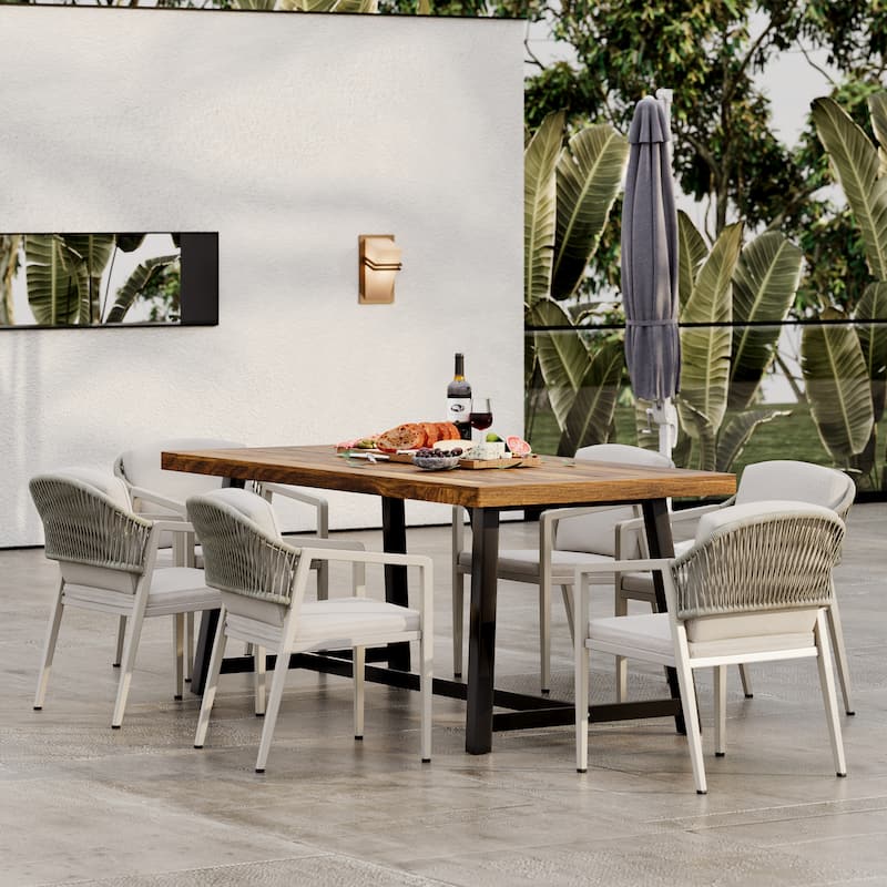 Heres Farmhouse Outdoor 7 Pieces Dining Sets with Rattan Backrest by Christopher Knight Home - N/A