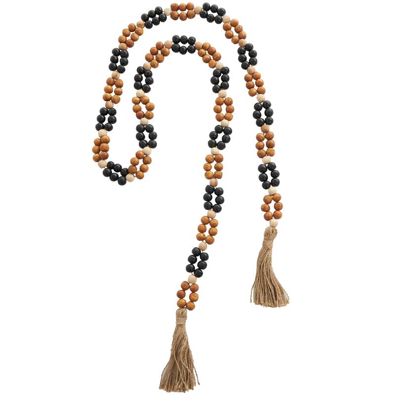 Brown Mango Wood Handmade Round Double Layered Long Carved Beaded Garland with Tassel with Black and Cream Accents