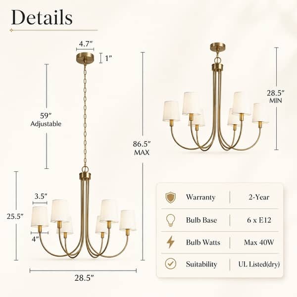 dimension image slide 1 of 3, Mid-Century Modern Gold 6/8-Light French Chandelier Fabric Pendant Lights for Dining Room