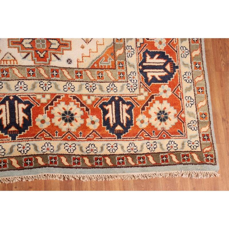 Light Blue Orange Viss Oriental Large Rug Hand-Knotted Wool Carpet - 11'9" X 17'9"