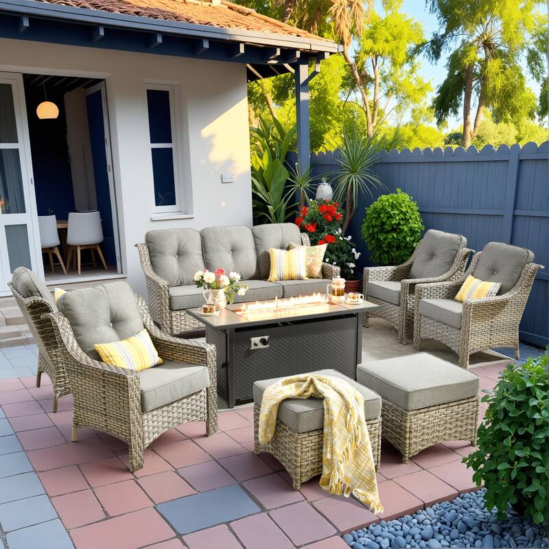 HOOOWOOO 8-piece Patio Wicker Chat Set Outdoor Conversation Sofa Set with Fire Pit - Dark Grey