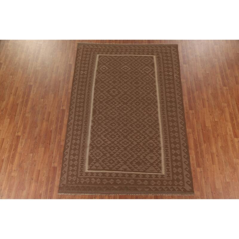 Hand Woven Oriental 100% Wool Carpet Southwestern Geometric Brown Kilim Area Rug - 9' 6'' X 6' 6''