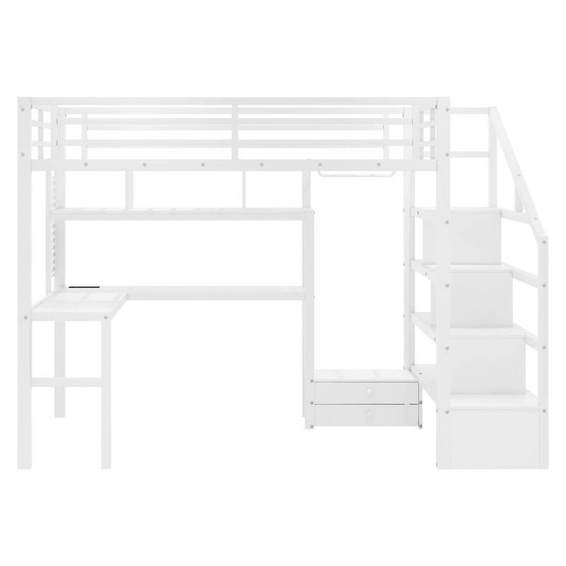 Full Size Metal Loft Bed with LED Lights, Desk, Staircase, and Wardrobe for Kids, White