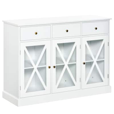 HOMCOM 45" Farmhouse Style Kitchen Sideboard Serving Buffet Storage Cabinet Cupboard with Glass Doors and 3 Drawers