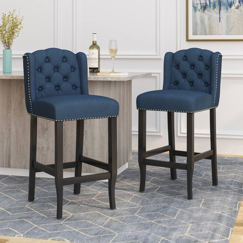 Modern Set of 2 Bar Stools with Button-Tufted Upholstered Backrest, Nailhead Trim, Solid Wood Legs for Bar Counter Dining Room