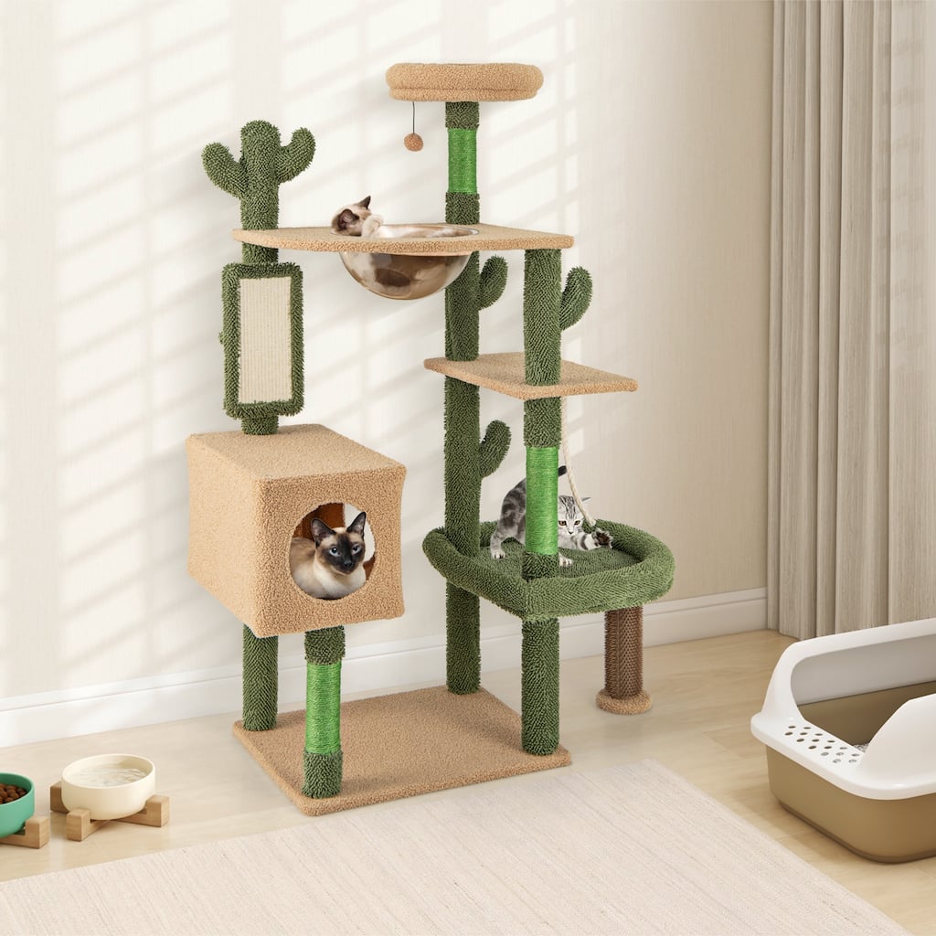 59 Inch Multilevel Cactus Cat Tree with Scratching Posts Cando Toy and Rope - 24" x 19.5" x 59"