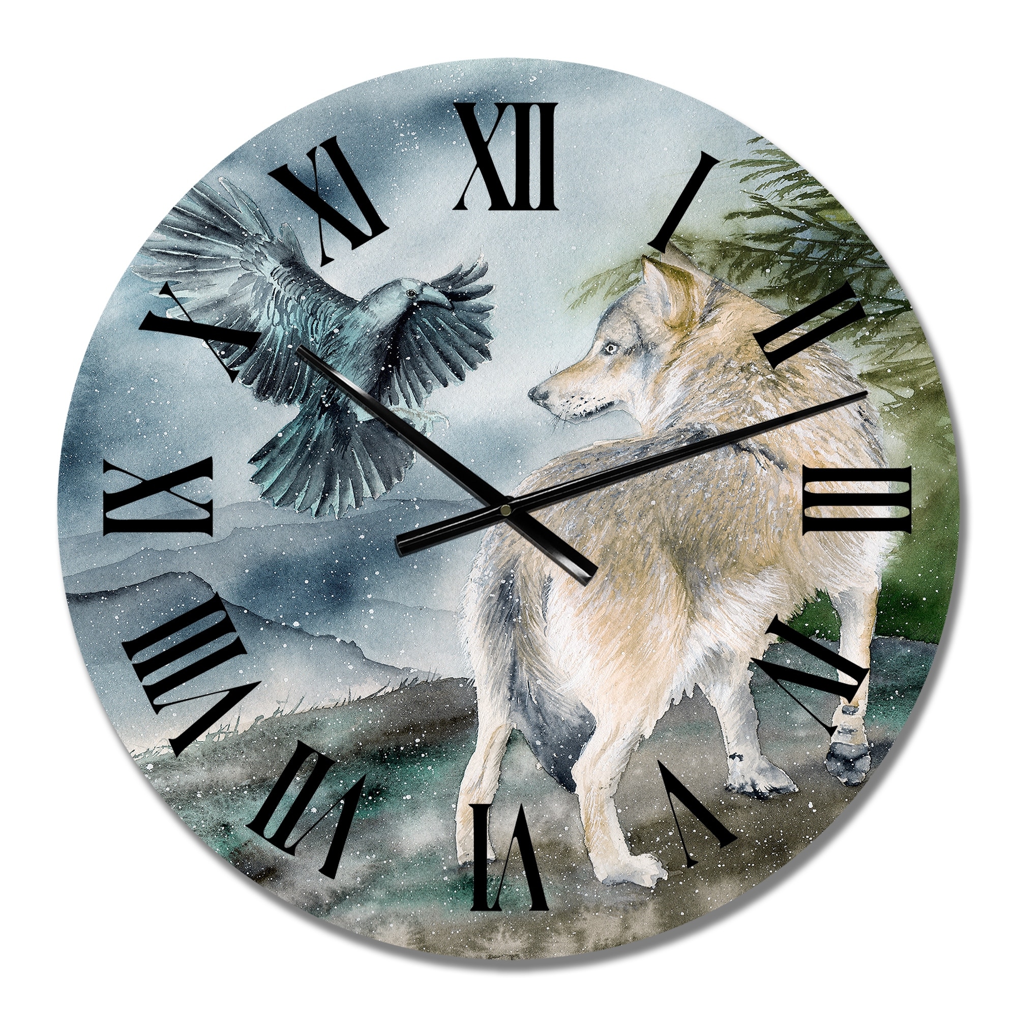 Designart 'Wolf And A Raven On A Hill Under Falling Snow' Traditional wall clock
