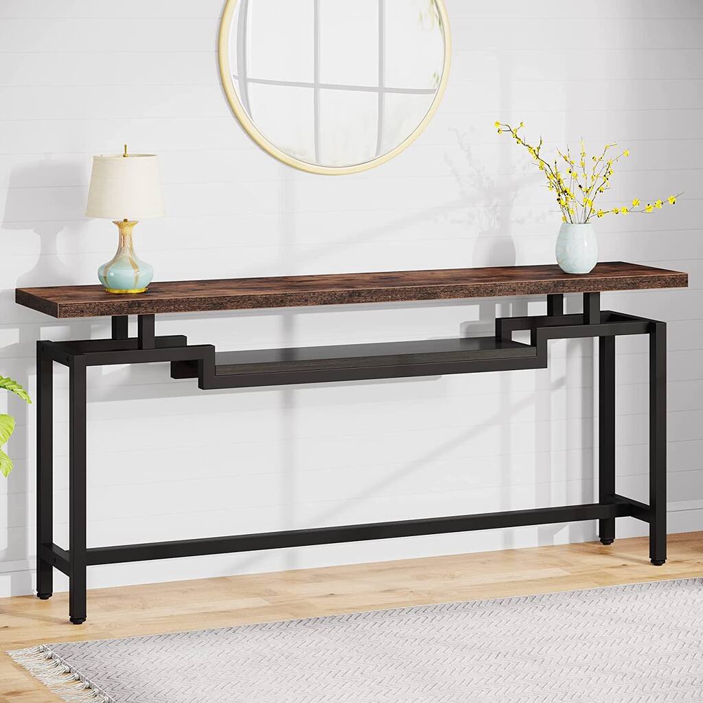 70.9 inch Narrow Long Sofa Console Table with Storage Shelf for Entryway Living Room Behind Couch, Black Rustic Brown