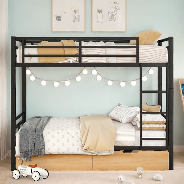 slide 2 of 12, Full Size Metal Convertible Bunk Kids Bed Frame with 2-Storage Drawers, Black Black