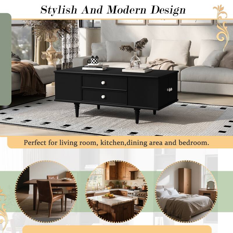 Rectangle Coffee Table Center Table with 4 Drawers, Black Living Room Table Cocktail Table Center Table