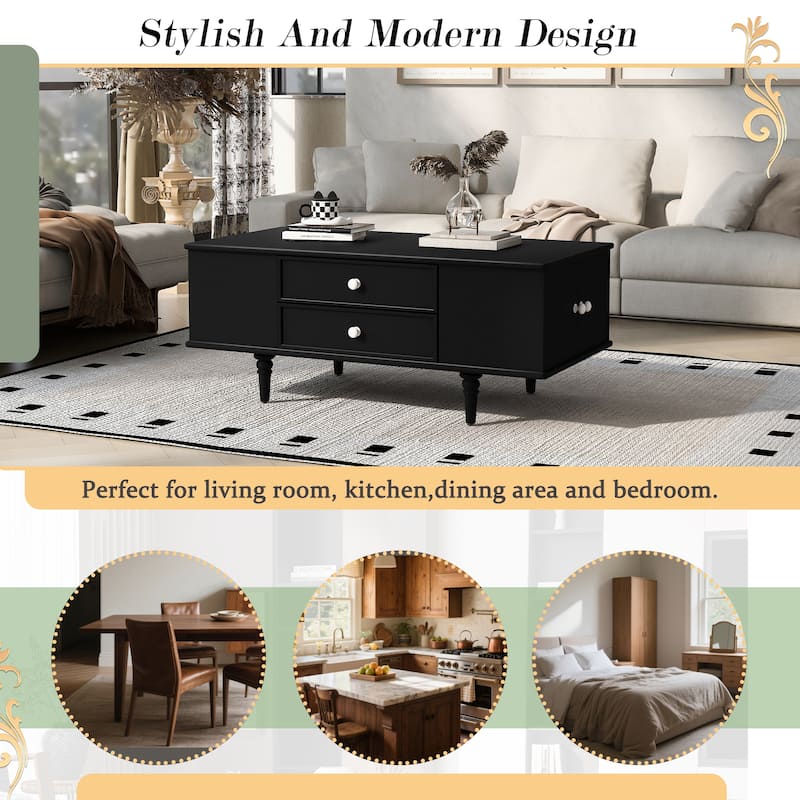 Rectangle Coffee Table With Four Drawers,Two Side Hidden Storage Compartments,47.2"Wood Coffee Table