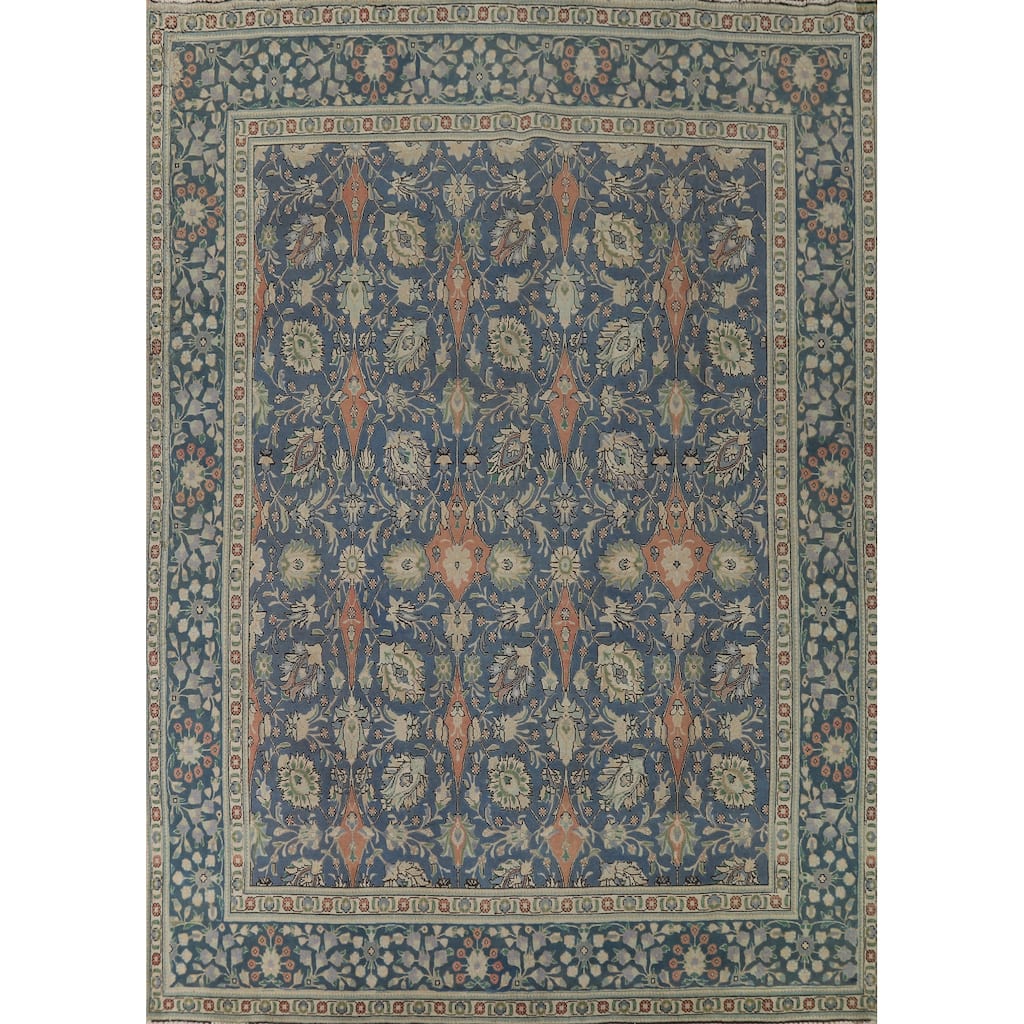 Flora Blue Tabriz Vintage Persian Area Rug Hand-Knotted Wool Carpet - 10'0" x 12'9"
