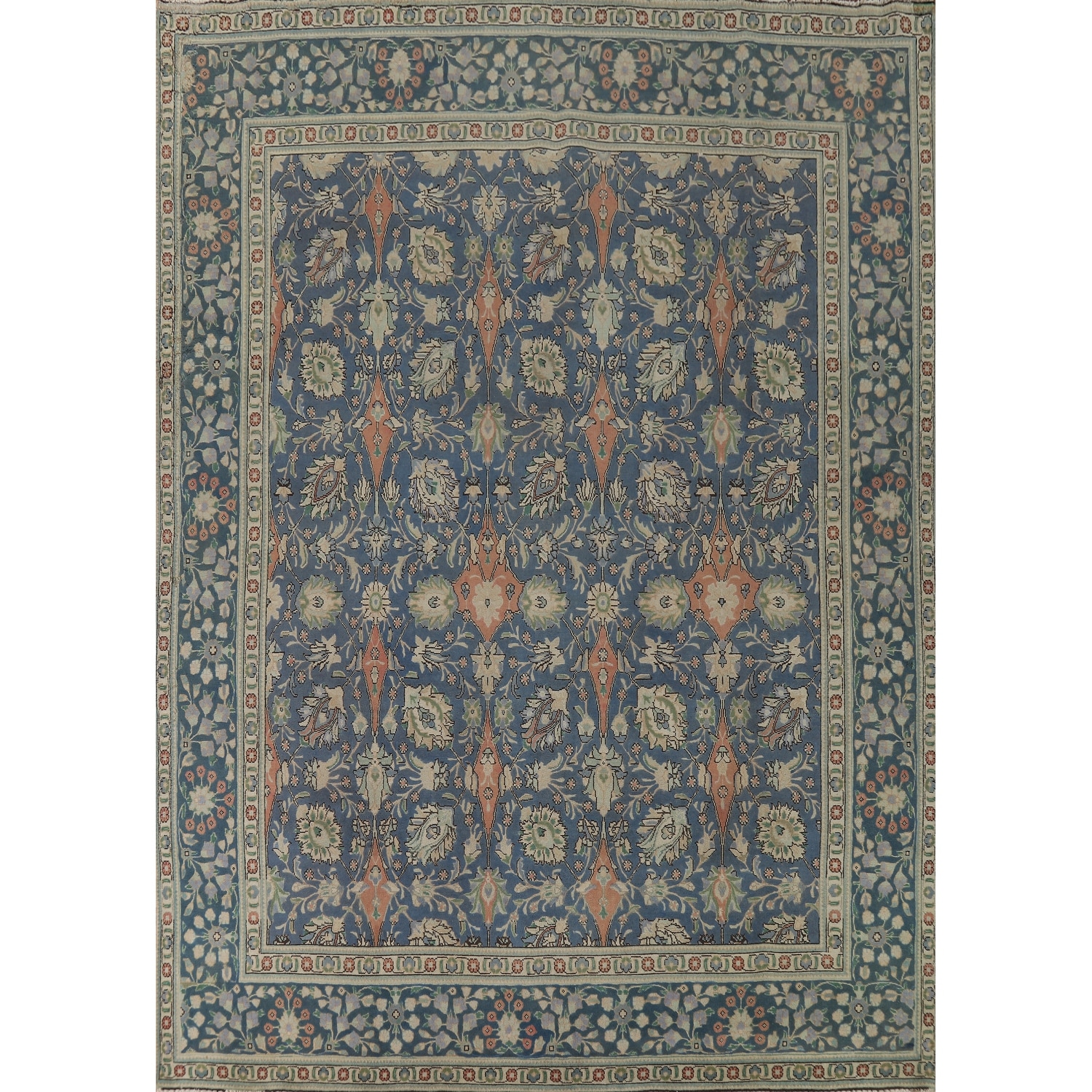 Flora Blue Tabriz Vintage Persian Area Rug Hand-Knotted Wool Carpet - 10'0" x 12'9"