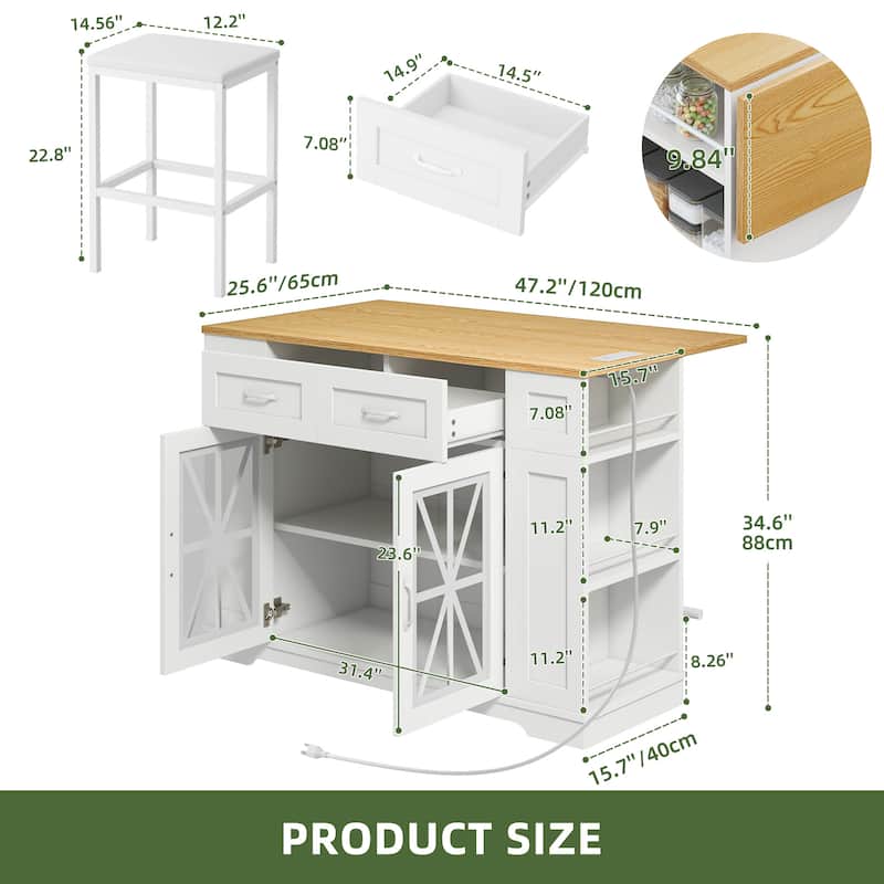 Moasis 3 PCS Kitchen Island Set with 2 Bar Stools,Moible Table with Drop Leaf & Power Outlet