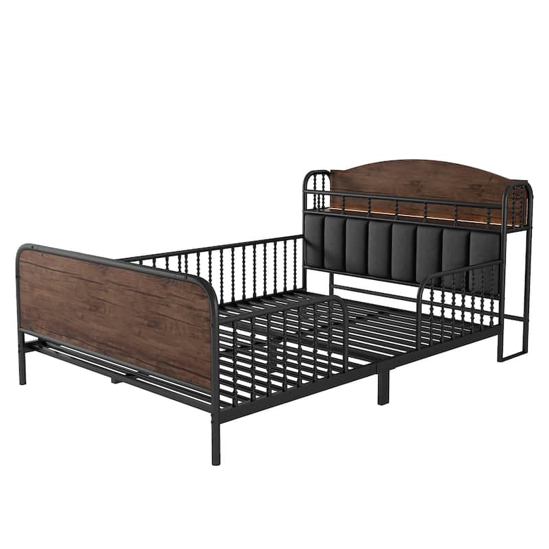 Kids Platform Bed Metal Frame with Linen Fabric Upholstered Storage Headboard Built-in Light Strip, Both Sides Rails