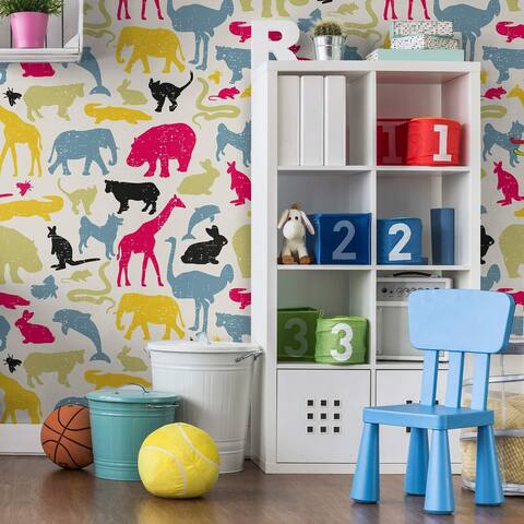 Blue and Fuchsia Animals Children Peel and Stick Removable Wallpaper 1920