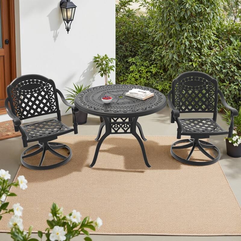 3-Piece Aluminum Round Outdoor Patio Dining Set, 2 Cushioned Swivel Chairs, Table, All-Weather Frames