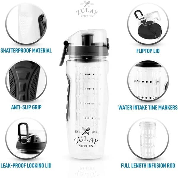 Live Infinitely Gym Water Bottle with Time Marker Fruit Infuser and Shaker 34 oz Sea Glass