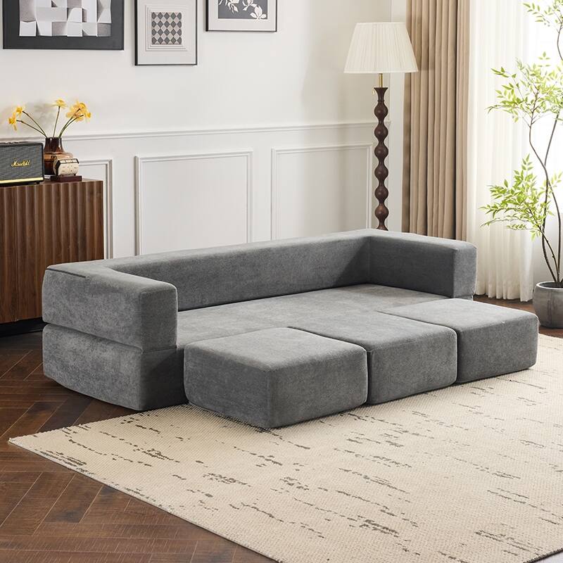 Convertible Sectional Sofa With 3 Storage Ottomans - High-Resilience Foam Sleeper, Space-Saving Chenille Floor Sofa