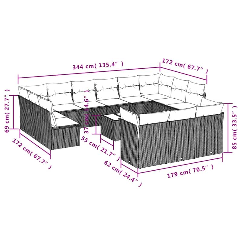 vidaXL Garden Sofa Set Grey, Dark Grey PE Rattan, Tempered Glass, Fabric - 21.7 x 21.7 x 14.6